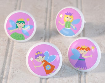 Kids Fairy Princess Drawer Knobs, Ceramic Drawer Knobs, Decorative Knobs (Singles and Sets of 4), Kids Bedroom Decor, Girls Nursery Decor