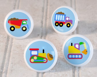 Kids Under Construction Trucks Ceramic Drawer Knobs, Doser Knobs, Decorative Knobs (Singles and Sets of 4) Boy Bedroom Decor, Nursery Decor