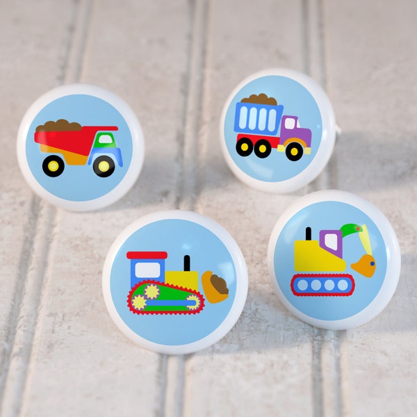 Kids Under Construction Trucks Ceramic Drawer Knobs, Doser Knobs, Decorative Knobs (Singles and Sets of 4) Boy Bedroom Decor, Nursery Decor