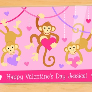 Kids Personalized Valentines Day Placemat, Cute Valentines Monkeys, Laminated Holiday Placemat, Kids Mealtime Placemat image 3