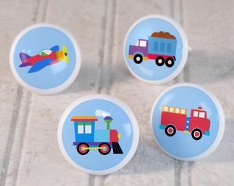 Kid's Trains Plane and Trucks Drawer Knobs, Ceramic Drawer Knobs, Decorative Knob, Singles & Set of 4, Kid's Bedroom Decor, Nursery Decor