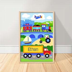 Niños trenes personalizados aviones camiones impresión de arte, camión personalizado arte de la habitación de los niños, decoración de la guardería de vehículos, impresión de la pared de los niños, cartel de los niños