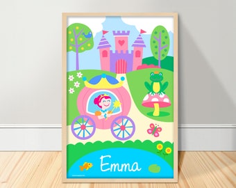 Kids Personalized Princess Art Print, Fairytale Kids Room Art, Magical Nursery Decor, Pink Princess Girls Print, Children's Castle Poster