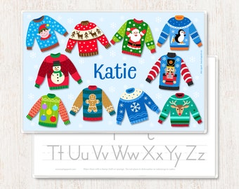 Ugly Christmas Sweater Personalized Kids Placemat ,Custom Holiday Placemat ,  Laminated Placemat , Custom Gift for Kids