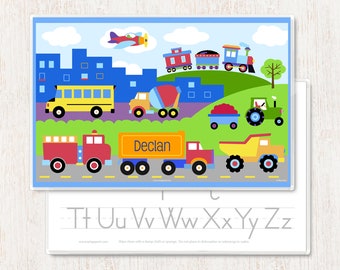 Trucks Personalized Kids Placemat for Kids- Train Custom Placemat -  Laminated Placemat - Custom Gift for Kids