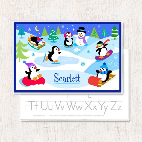 Personalized Penguin Placemat for Kids, Christmas Place Mat, Laminated Winter Place Mat for Kids, Made in USA