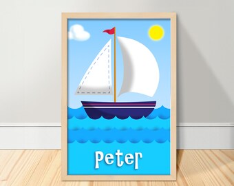 Personalized Sailboat Art Print, Nautical Room Art, Nursery Decor, for Boys, Girls or Nursery Gift.