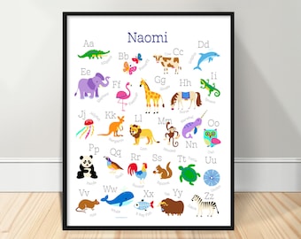 Animal Alphabet Personalized Kids Art Print, Animal Alphabet Poster, ABC Nursery Poster, Custom Nursery Gift