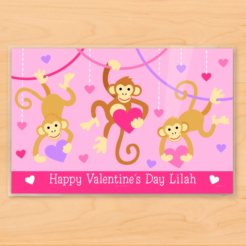 Kids Personalized Valentines Day Placemat, Cute Valentines Monkeys, Laminated Holiday Placemat, Kids Mealtime Placemat image 2