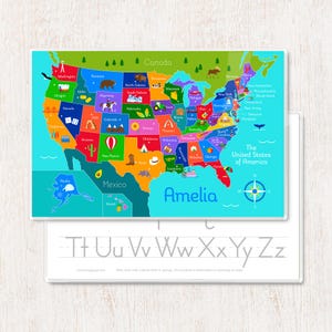 May include: A colorful United States map with state names and illustrations, labeled "Amelia." Below, a white board displays the letters T through Z. The text "The United States of America" is also visible.