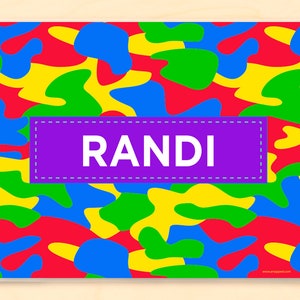 Rainbow Camo Personalized Placemat for Kids, Custom Camo Placemat for Children, Laminated Camo Placemat