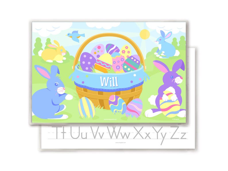 This personalized placemat for Easter features an Easter Basket, eggs and bunnies as well as your Childs name!