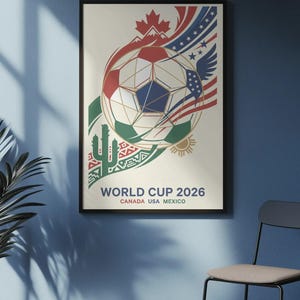 Może przedstawiać: Oprawiony plakat z motywem piłki nożnej w kolorach czerwonym, białym, niebieskim i zielonym. Plakat zawiera napis "WORLD CUP 2026 CANADA USA MEXICO" i zawiera elementy flag Kanady, Stan&oacute;w Zjednoczonych i Meksyku.