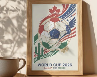 Stampa artistica Coppa del Mondo 2026 · Poster di calcio Canada, Stati Uniti e Messico · Arte murale geometrica vintage da calcio · Download digitale