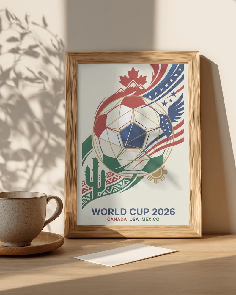 Może przedstawiać: Oprawiony plakat z motywem piłki nożnej, zawierający elementy w kolorach czerwonym, białym i niebieskim oraz kaktus. Tekst "WORLD CUP 2026 CANADA USA MEXICO" jest wyświetlany poniżej. Rama wykonana jest z jasnobrązowego drewna.