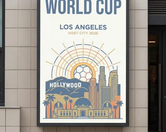 Plakat z napisem „Los Angeles, miasto gospodarz” Mistrzostw Świata 2026 • Stadion SoFi • Grafika LA do druku