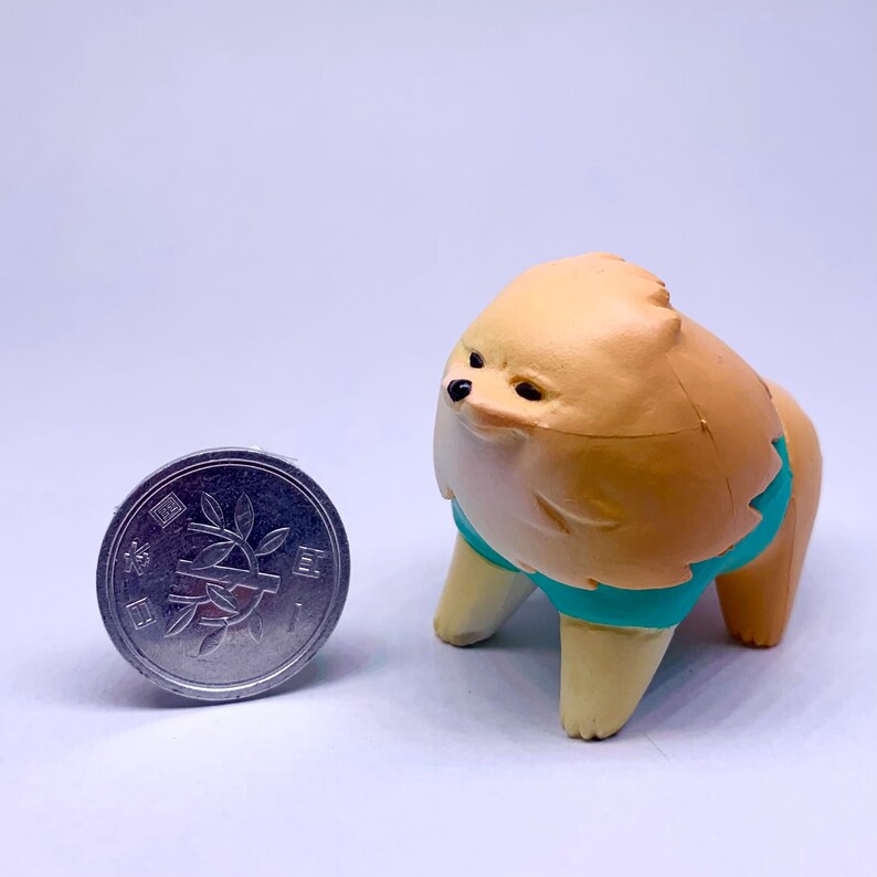Puede incluir: Peque&ntilde;a figura de Pomerania de color canela, con una camiseta turquesa. El perro tiene ojos y nariz negros. Una moneda de plata con caracteres japoneses est&aacute; al lado.