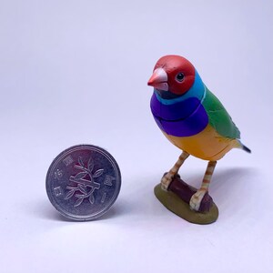 Puede incluir: Una colorida figura de un pinz&oacute;n de Gould encaramado en una rama marr&oacute;n. El ave tiene la cabeza roja, detalles azules, verdes y morados, y un cuerpo amarillo. Una moneda de plata con caracteres japoneses est&aacute; al lado.