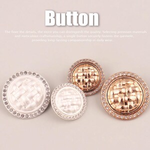 May include: Four round buttons featuring a woven-style center and a border of small clear stones. Two buttons are white with silver-tone edges, and two are gold-tone. The text "Button" and a paragraph about quality are visible at the top.