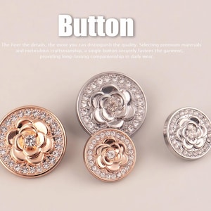 May include: Three round buttons featuring a central raised flower design surrounded by a border of small clear crystals. The buttons are finished in metallic rose gold and silver tones. The word Button is printed at the top of the image.