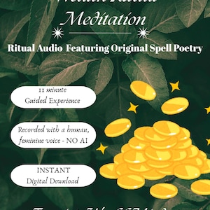 Op de afbeelding: Advertentie voor digitale download voor een Wealth Ritual Meditation. De afbeelding toont tekst op een groene, bladerrijke achtergrond, met gouden munten en sterren. Tekst bevat "Wealth Ritual Meditation", "Ritual Audio" en "Tune into Wealth Mindset".