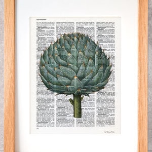 Artichoke vegetable print, antique vegetable print set, Artichoke book art, Artichoke dictionary print , artichoke poster, kitchen wall art