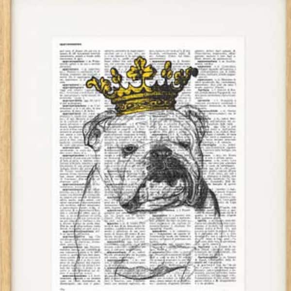 English bulldog crowned print, English bulldog print, funny dog print, bulldog book art, dog lovers gift, bulldog poster, by NATURA PICTA