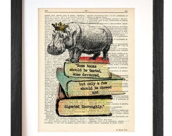 Hippo on books funny quote print,Funny hippo print,Hippo book art print,funny animal print,hippo decor,hippo dictionary print, NATURAPICTA