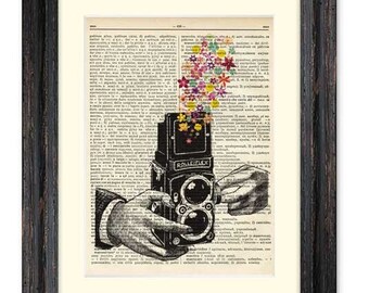 Victorian Rolleiflex with flowers upclycled dictionary print, vintage book art, retro camera print, black and white print, by NATURA PICTA