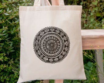 Hand drawn Mandala tote bag, personalized tote, cool tote bag, yoga tote bag, gym tote bag, college tote bag, design by NATURAPICTA