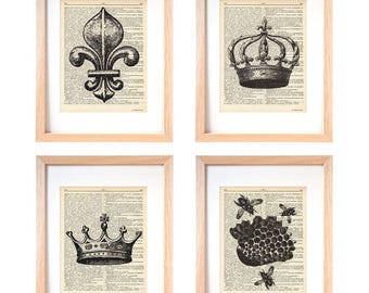 Royal crown and bee set of 4 print, Victorian set of 4 print, french decor, Victorian crown print, bee wall art,fleur de lis print,XMAS gift