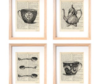 Tea print set of 4-Victorian tea set dictionary print-kichen wall art-kitchen decor-victorian wall art-home decor-housewarming gift