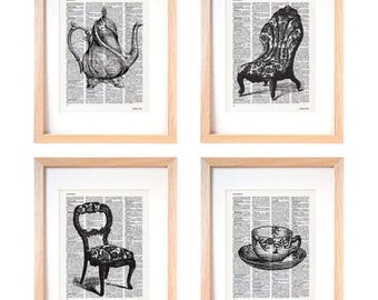 Tea time set of 4 print-Victorian dictionary print-kichen wall art-Victorian print set-book art wall art-first house gift-french wall art