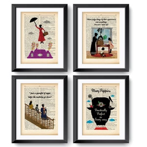 May include: Four framed art prints featuring illustrations from the movie "Mary Poppins" on vintage book pages. Each print has a black frame and depicts scenes with silhouettes and quotes like "Practically Perfect in Every Way."