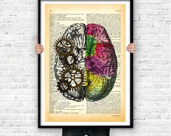 Left right human brain wall art, anatomical poster,brain poster,brain large wall art,anatomy poster,brain book page, Xmas gift, NATURA PICTA