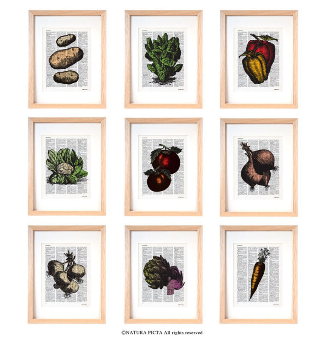 rustic vegetable kitchen prints | 3-piece wall art |... Vegetable Wall Art Set of 9 Prints-vegetable Dictionary Print-kichen ...