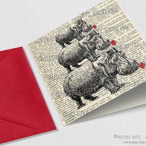 Biglietto d'auguri ippopotami con papaveri, biglietti d'auguri animali divertenti, biglietti personalizzabili, biglietti fatti a mano