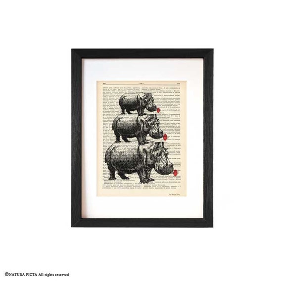 Items similar to Hippo printhippo dictionary printthippos with poppies printHippo decorHippo