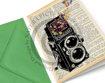 Rolleiflex camera with flowers and butterfly Card- retro birthday card- handmade card-custom card-old camera card-handmade card-NATURA PICTA
