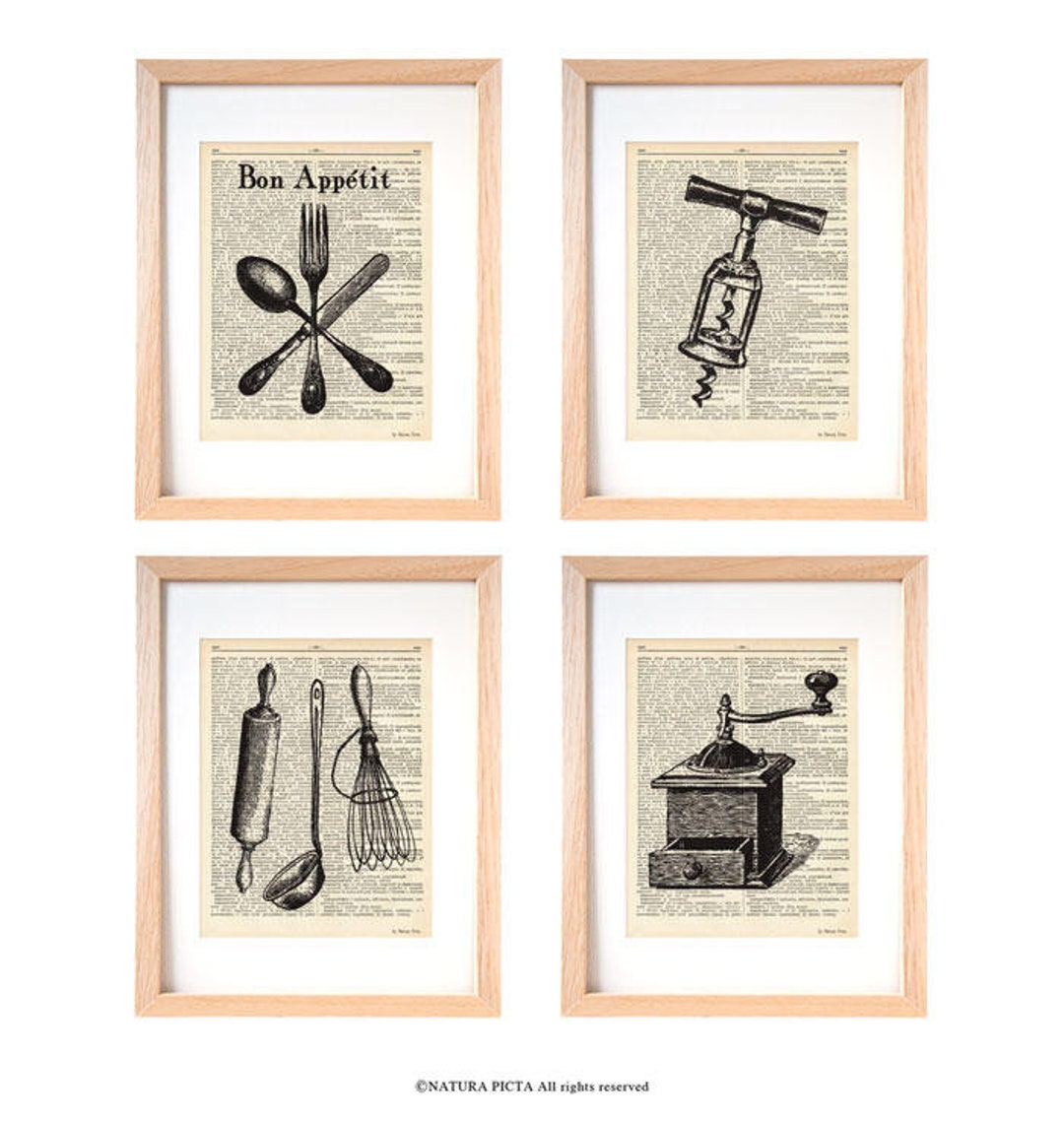 French Kitchen Prints Set of 4, Victorian Dictionary Set of 4 Print ...