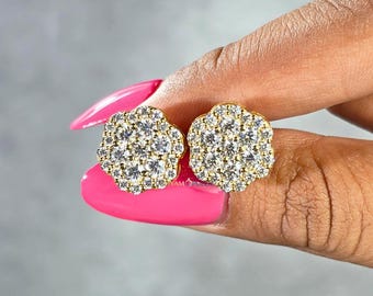 Runder geschnittener Moissanit-Halo-Ohrring, 18KT Gelbgold-Cluster-Ohrstecker, alltäglicher Goldschmuck