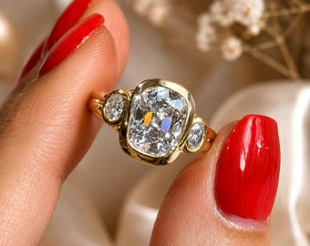 2.5CT Cushion Cut Moissanite Ring With Round Side Stone, Solid Gold Bezel Set Ring