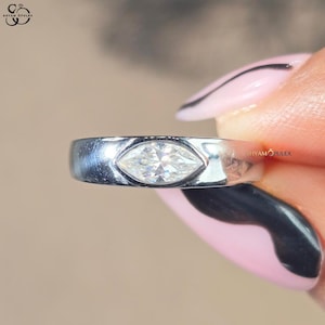 0.50 CT Horizontal Marquise Cut Bezel Set Silver Ring, Minimalist East West Statement Band