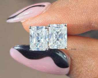 Radiant Cut Moissanite Stud Earrings Solid Silver Prong Basket Setting Screw Back Earring