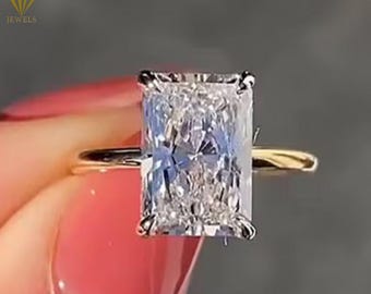 Anillo solitario con halo oculto de corte radiante de 3,5 quilates, anillo de compromiso de moissanita de corte radiante, anillo de oro macizo de 14 quilates, anillos de aniversario, regalos para ella