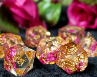 Handmade Resin Dice Set • Gold Foil + Pink Flower • Sharp Edge Polyhedral for Dungeons & Dragons