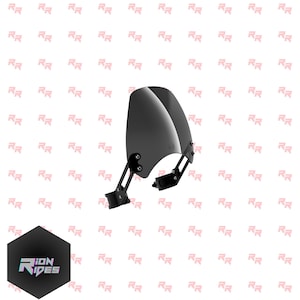 May include: A black motorcycle windshield with a curved, tinted screen. The windshield is mounted on black brackets and hardware. The logo "ION RIDES" is visible in a black hexagon in the lower left corner.