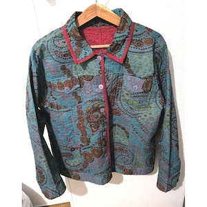 Vtg Boho Vändbar Blågrön Paisley Quilted Jacka Kavaj Utan Tagg Märke