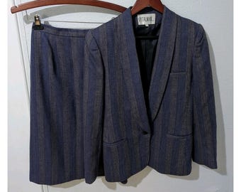 Vintage Spitalnick & Co 100% ren ull kjolkostym blågrå randig set storlek 8/10