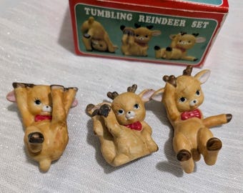 Vintage 1960s JSNY Tumbling Reindeer Set of 3 Porcelain Bisque Figurines w/ Box